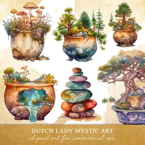 Potted Worlds Clipart Set - Watercolor Micro Worlds - Little Zen Gardens - Pile of Pebbles - Bonsai Trees - INSTANT DOWNLOAD - 25 PNG Files