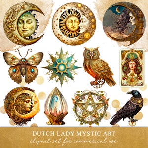 Ensemble victorien de clipart occulte - graphisme mystique wicca et céleste - étoile soleil lune - animaux - pentagrammes - téléchargement immédiat - 25 fichiers PNG
