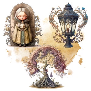 Victorian street life clipart set. Mystical and creepy images of shop fronts, children, flower arrangements, tree, lanterns. Golden watercolor decorations. 25 .PNG file digital images for your personal and commercial creative projects.