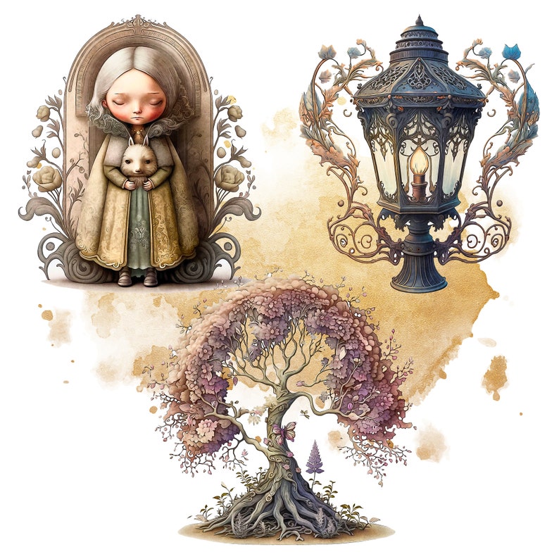 Victorian street life clipart set. Mystical and creepy images of shop fronts, children, flower arrangements, tree, lanterns. Golden watercolor decorations. 25 .PNG file digital images for your personal and commercial creative projects.
