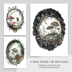 Mystieke paddenstoelen ansichtkaart en kunstprintset, afdrukbare kaartontwerpen, botanische illustraties, bos, bossen, feeën, INSTANT DOWNLOAD