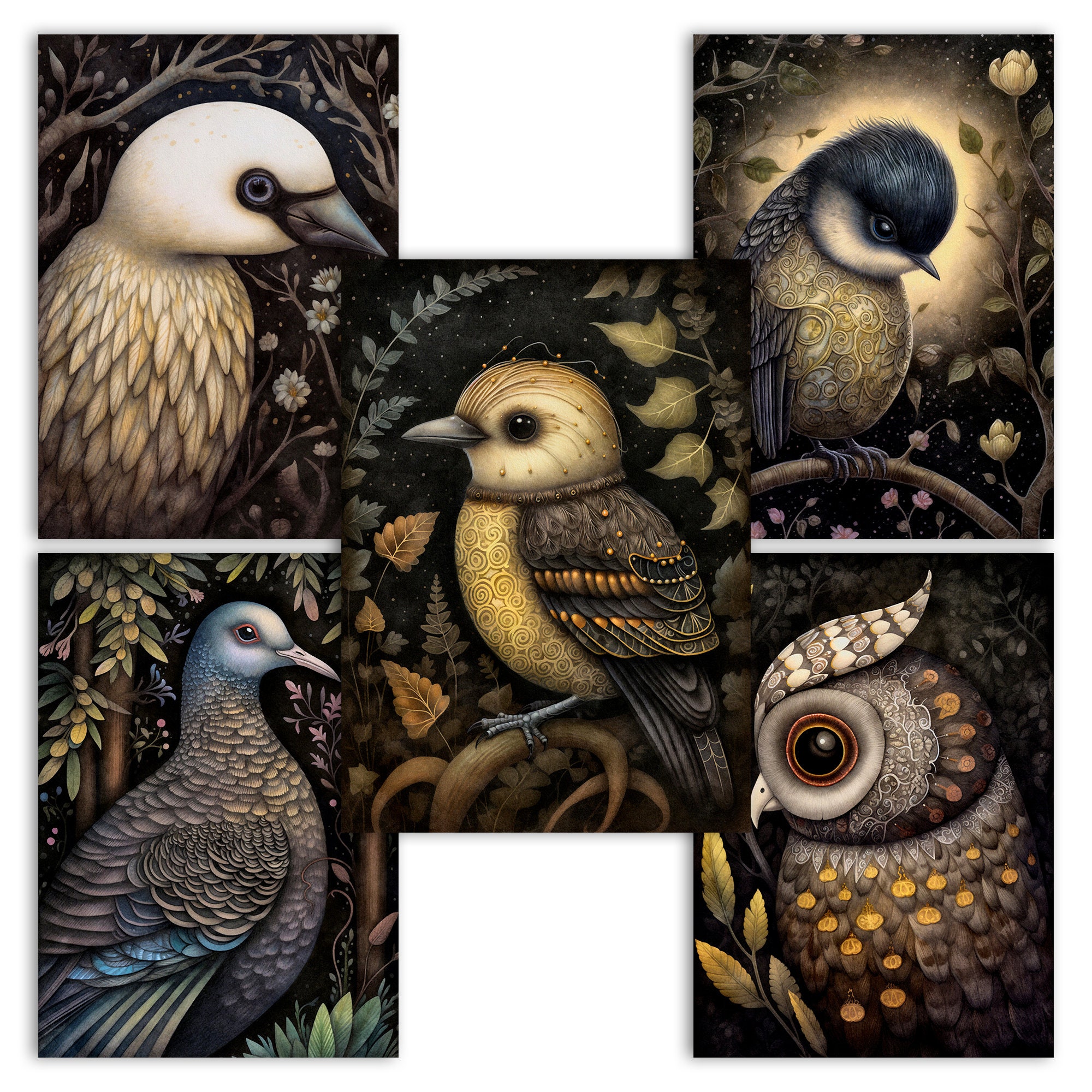 Dark Garden Bird Postcard Set: Mystical Bird Portraits (digital ...