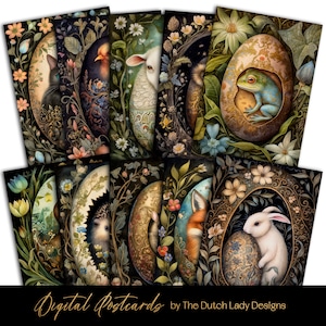Set di cartoline con animali nelle uova di Pasqua, design di poster d'arte digitale stampabili, biglietti di Pasqua di Dark Academia, 10 file JPEG, DOWNLOAD IMMEDIATO