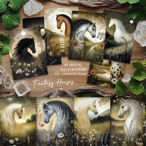 Caballos de fantasía, conjunto de postales e impresiones artísticas, extraños, caprichosos, místicos, prados de flores encantados, retratos de caballos, descarga instantánea