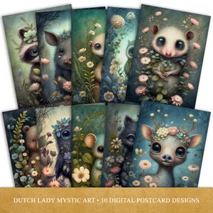 Ensemble de cartes postales et affiches animaux des bois mignons, conception numérique imprimable, impressions d'art de forêt florale mystique, 10 fichiers JPEG, TÉLÉCHARGEMENT IMMÉDIAT