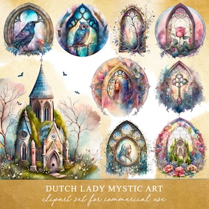 Kerk Windows Clipart Set - aquarel gebrandschilderd glas - kerkhof Rose - mystieke Halloween - moeder Maria - INSTANT DOWNLOAD - 25 PNG-bestanden