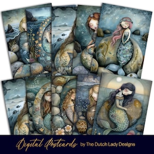 Juego de postales e impresiones artísticas de sirenas y guijarros, océano encantado, escenas de playa extravagantes, estilo boho, diseños de tarjetas imprimibles, DESCARGA INMEDIATA