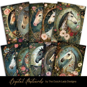 Retratos de caballos con motivos florales, juego de postales e impresiones artísticas, caballos bohemios, diseños de tarjetas imprimibles, caballos encantados, caprichosos, DESCARGA INSTANTÁNEA