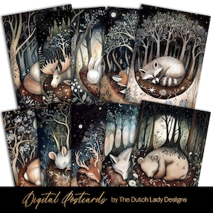 Sleepy Woodlands Postkarten- und Poster-Set, niedliche Waldtiere im Mondlicht, süße druckbare Karten Designs, mystisches Boho Erde-Thema, SOFORT-DOWNLOAD