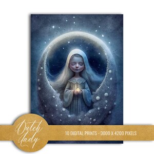 Set of 10 digital postcard and art print designs. Scrapbook papers/digital background graphics with a fantasy celestial theme. Moon, stars, clouds, kids. 10 JPEG images in size 3000x4200 pixels for your personal and commercial creative projects.