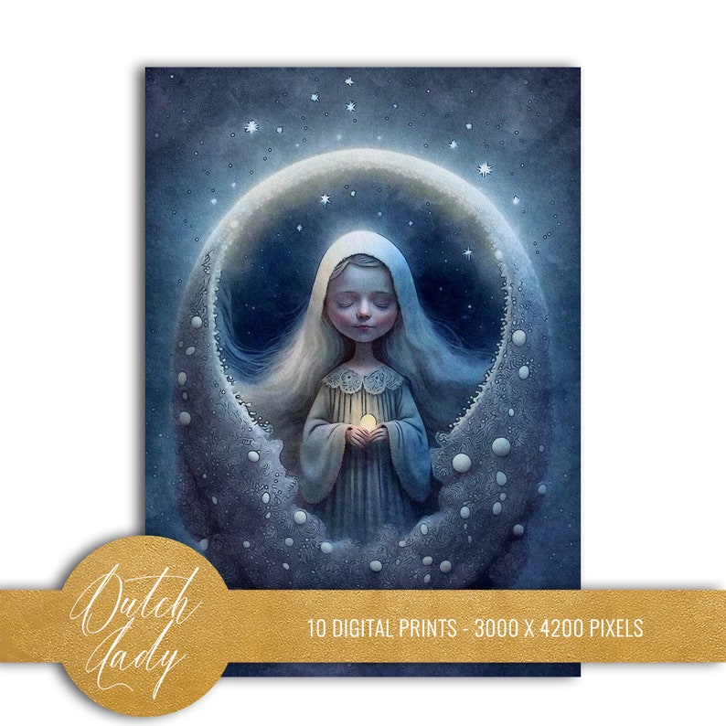 Set of 10 digital postcard and art print designs. Scrapbook papers/digital background graphics with a fantasy celestial theme. Moon, stars, clouds, kids. 10 JPEG images in size 3000x4200 pixels for your personal and commercial creative projects.