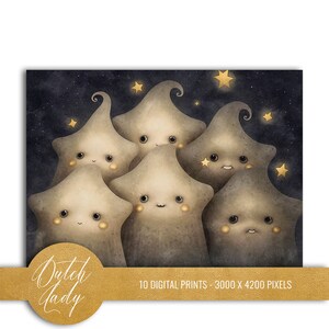 Set of 10 digital postcard and art print designs. Scrapbook papers/digital background graphics with a fantasy celestial theme. Moon, stars, clouds, kids. 10 JPEG images in size 3000x4200 pixels for your personal and commercial creative projects.