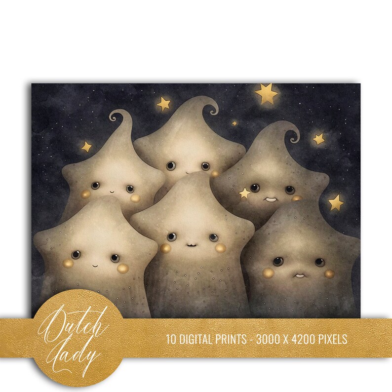 Set of 10 digital postcard and art print designs. Scrapbook papers/digital background graphics with a fantasy celestial theme. Moon, stars, clouds, kids. 10 JPEG images in size 3000x4200 pixels for your personal and commercial creative projects.