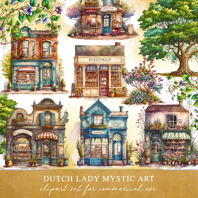 Whimsical shops clipart set. Watercolor style graphics of a cute village high street scene. Shop fronts and greenery. Digital images for personal and commercial creative projects. Set consists of 25 PNG file images with transparent backgrounds.
