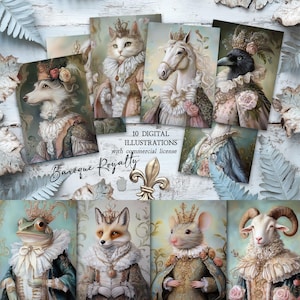 May include: A collection of ten digital illustrations featuring animals in baroque royalty attire. The images include a dog, cat, horse, crow, frog, fox, mouse, and ram, all adorned with crowns and period clothing. The text "Baroque Royalty" is displayed.