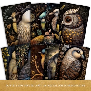 Conjunto de cartões postais e pôsteres Dark Garden Birds - Desenhos digitais para impressão - Retratos místicos de pássaros encantados - 10 arquivos .JPEG - DOWNLOAD INSTANTÂNEO