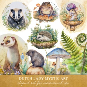 May include: Watercolor illustrations of various woodland creatures, including a badger, ferret, hedgehog, toad, mouse, and a mushroom. The illustrations are set against a background of green ferns and flowers.