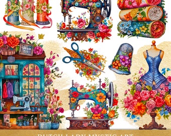 Victorian Seamstress Clipart Set - Colorful Floral Digital Images - Antique Sewing Machine - Craft Atelier - INSTANT DOWNLOAD - 25 PNG Files