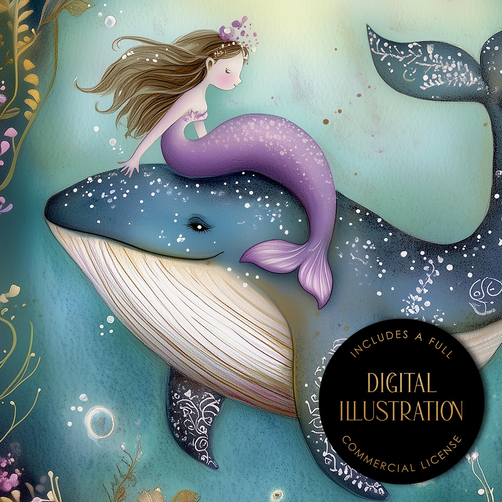 Mermaid and Whale Illustration, Cute Storybook Art (digital Download ...