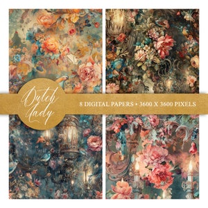 Seamless Rococo wallpaper backgrounds. Set of tileable scrapbook paper with an antique flower and bird wallpaper theme. Digital backgrounds. Multicolor 8 JPEG images in size 3600x3600 pixels for your personal and commercial creative projects.