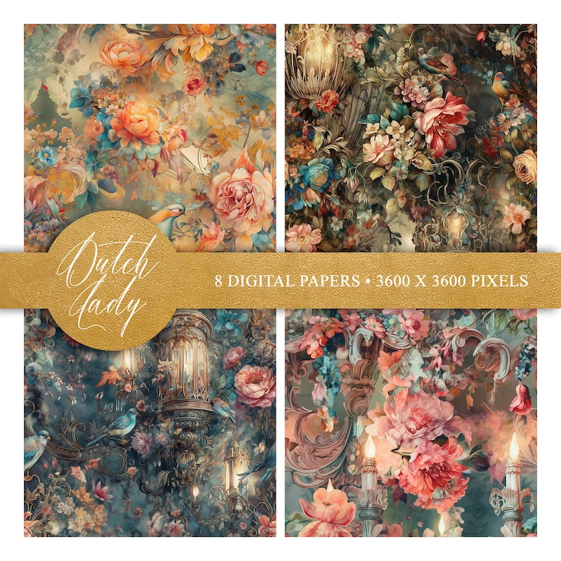 Seamless Rococo wallpaper backgrounds. Set of tileable scrapbook paper with an antique flower and bird wallpaper theme. Digital backgrounds. Multicolor 8 JPEG images in size 3600x3600 pixels for your personal and commercial creative projects.