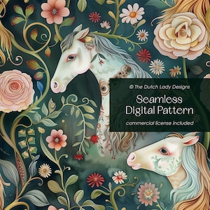 May include: Seamless digital pattern featuring two white horses with floral designs on their bodies, surrounded by lush green foliage and colorful flowers. The text "Seamless Digital Pattern" and "commercial license included" is displayed on a white rectangle.