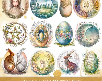 Ostara Clipart Set: Wiccan Spring Equinox Watercolor PNG (Instant Download)