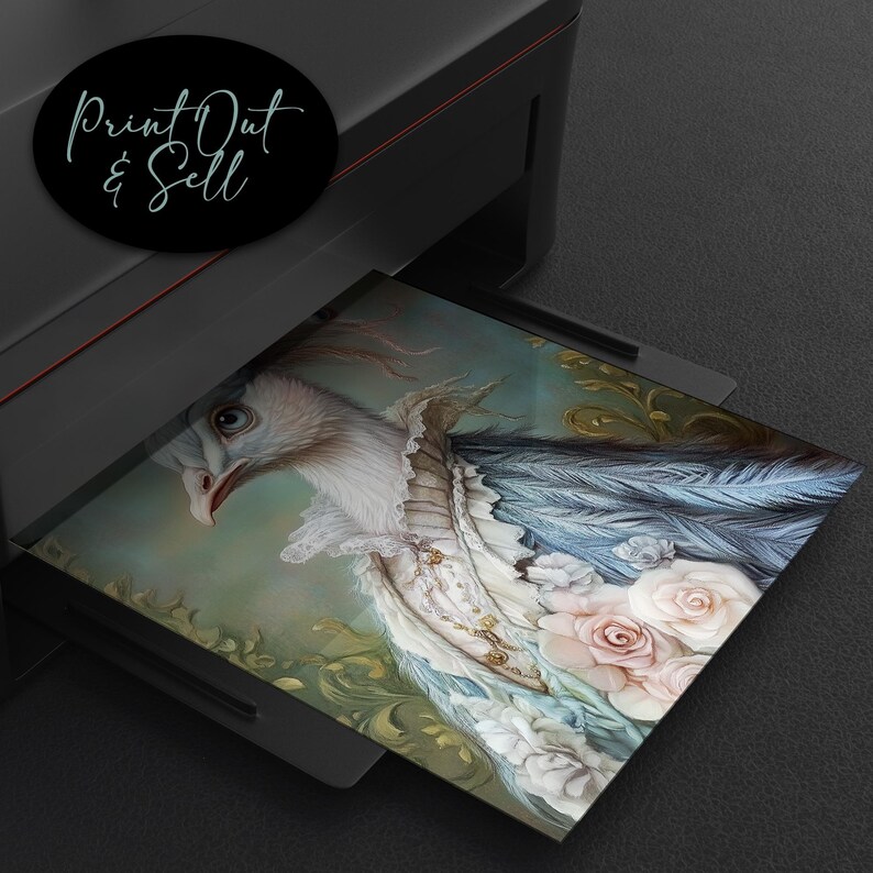 May include: A square print featuring a detailed illustration of a bird with white and blue feathers, adorned with a ruffled collar and floral accents. The print is emerging from a printer, with the text "Print Out & Sell" in a black circle.