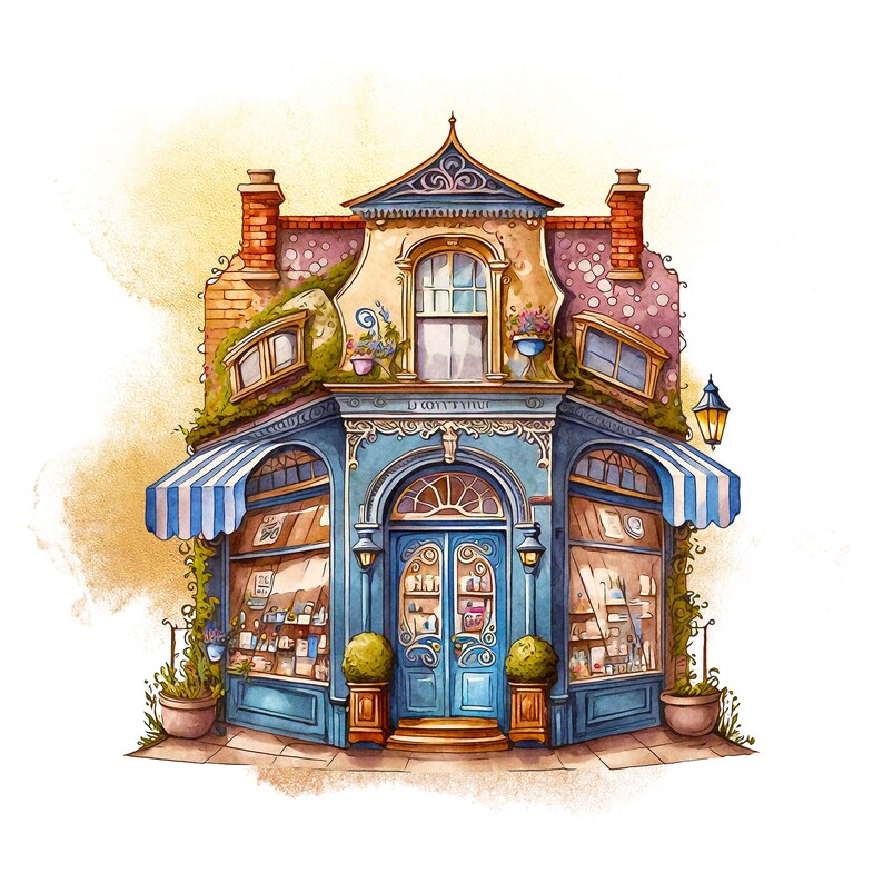 Whimsical shops clipart set. Watercolor style graphics of a cute village high street scene. Shop fronts and greenery. Digital images for personal and commercial creative projects. Set consists of 25 PNG file images with transparent backgrounds.