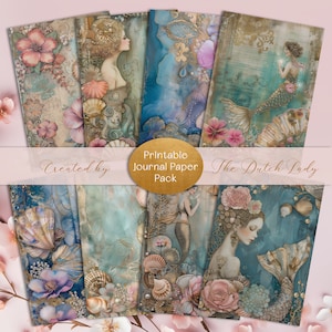 Paquete de papel de diario IMPRIMIBLE de conchas marinas y sirenas, perlas, océano vintage, hojas de álbum de recortes digitales, kit de elaboración de decoupage, DESCARGA INSTANTÁNEA