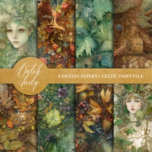 Może przedstawiać: Zestaw ośmiu cyfrowych papierów z motywem celtyckiej baśni. Papiery przedstawiają ilustracje lasu z drzewami, liśćmi, kwiatami i postacią przypominającą wróżkę. Papiery idealnie nadają się do scrapbookingu, tworzenia kartek i innych projektów rękodzielniczych.