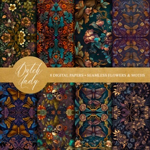 Papel digital con estampado floral oscuro y polillas: Fondos vintage para álbumes de recortes (8 archivos JPEG - Descarga digital)