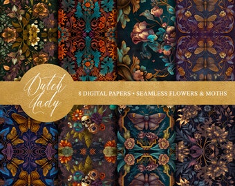 Dark Floral Moth Digital Paper: Vintage Scrapbook Backgrounds (8 JPEG Files - Digital Download)