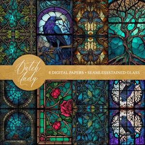 Mystic Stained Glass Digital Backgrounds - Printable Scrapbook Paper - Seamless Dark Church Window Pattern - 8 JPEG Files - INSTANT DOWNLOAD