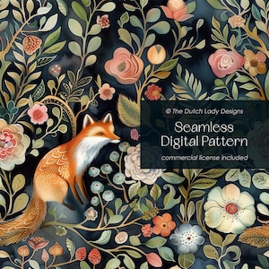 Floral Fox SEAMLESS Patrón digital, follaje, flores, fondo de naturaleza enlosable, fondo de pantalla encantado, diseño de tela, archivo .JPEG & .PAT