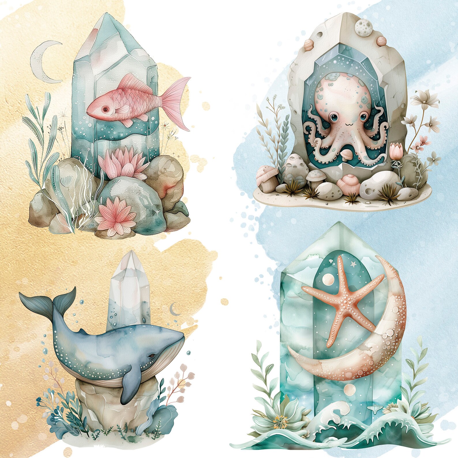 Crystal Ocean Clipart Set, Enchanted Sea Illustrations, Watercolor ...