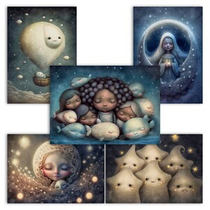 Set of 10 digital postcard and art print designs. Scrapbook papers/digital background graphics with a fantasy celestial theme. Moon, stars, clouds, kids. 10 JPEG images in size 3000x4200 pixels for your personal and commercial creative projects.
