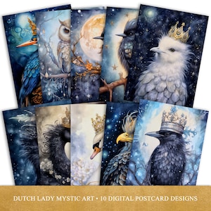 Royal Birds ansichtkaart en posterset, mystieke vogels met kronen, maanverlichte lucht, afdrukbare digitale kaartontwerpen, 10 jpeg-bestanden, INSTANT DOWNLOAD