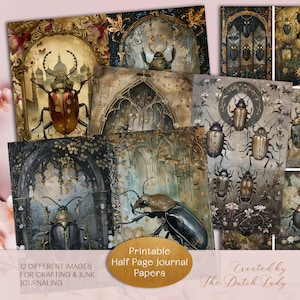 Escarabajo gótico IMPRIMIBLE Diario basura Paquete de papel de media página, Hojas de decoupage digital, Scrapbooking, Fabricación de tarjetas, Dark Moody, DESCARGA INSTANTÁNEA
