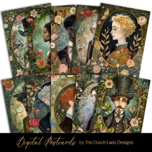 Ensemble de portraits floraux de messieurs, carte postale et impression d'art, hommes du monde ethnique victorien, modèles de cartes à imprimer, fleurs, oiseaux, TÉLÉCHARGEMENT IMMÉDIAT