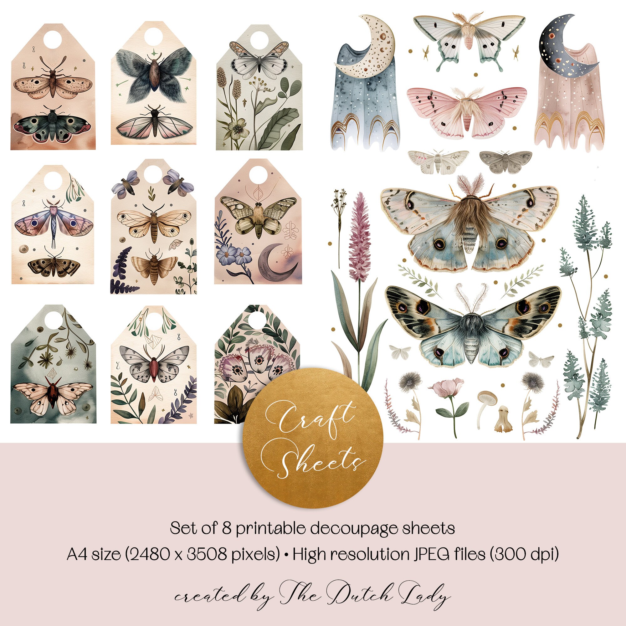 Moths PRINTABLE Decoupage Sheets, Digital Journal Papers, Book of ...