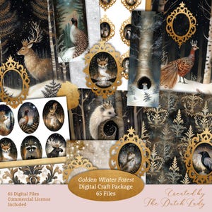 May include: A digital craft package titled "Golden Winter Forest" featuring illustrations of forest animals, including a deer, fox, and owl, with gold frames and a winter forest theme. The package includes 65 digital files with a commercial license.