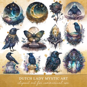 Mystischer Rabe Clipart Set - Gruselige Aquarell Motten, Monde, Grabsteine, Kristall, Baum, Rose - Halloween - INSTANT DOWNLOAD - 25 PNG Dateien