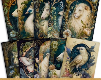 Lush Rococo White Animals Art Prints: Digital Postcard Set (10 JPEG Files)