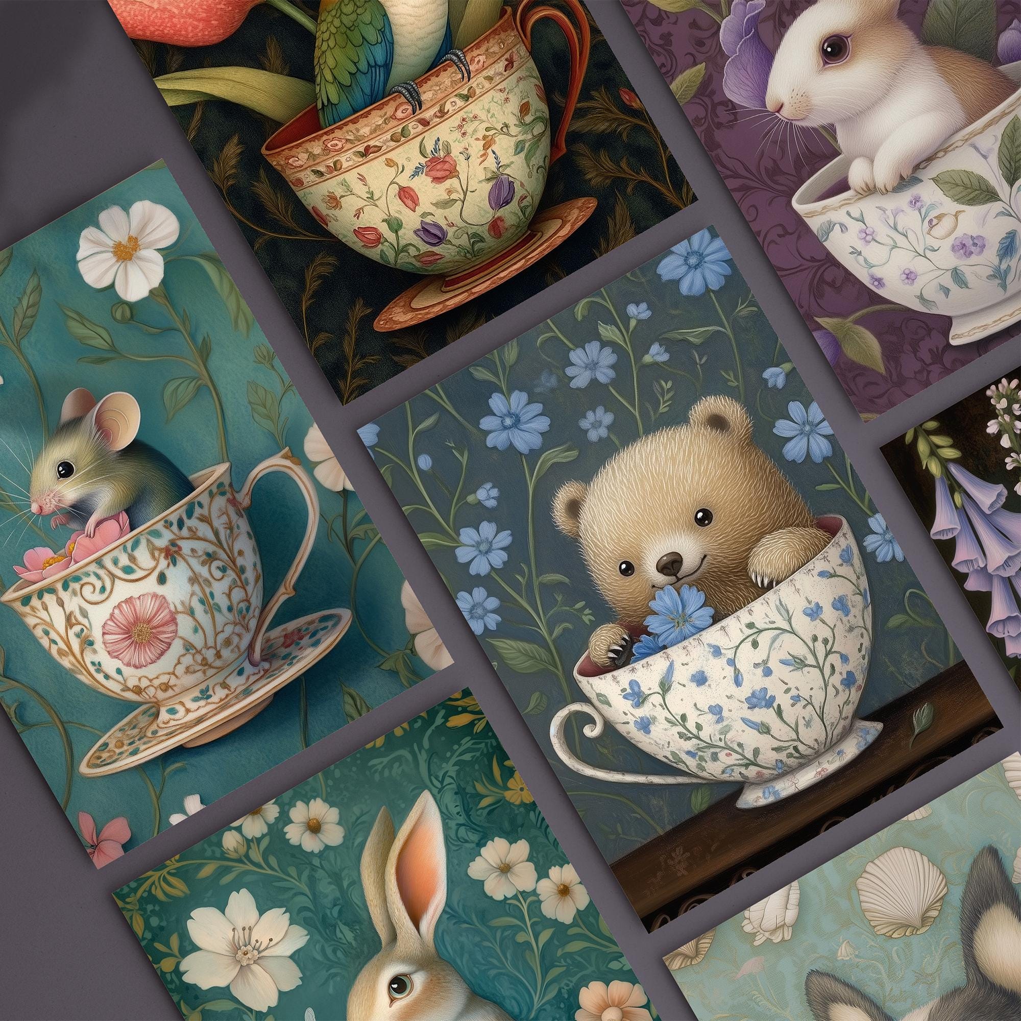 Animal Tea Party Postcard Set: Floral Printable Designs (digital ...