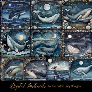 Juego de postales Ballenas del océano mágico, impresión artística digital imprimible, diseños de pósteres marinos, tarjetas con formas cuadradas, 10 archivos JPEG, DESCARGA INSTANTÁNEA