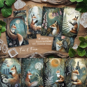 Illustrations mystiques de renard et de fougère, jeu de cartes postales numériques, impressions d'art, images victoriennes de mauvaise humeur boisées, style peint à la main, téléchargement immédiat