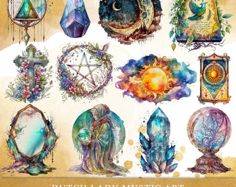 Fortune Telling Clipart: Gold Watercolor Mystic & Tarot Graphics (INSTANT DOWNLOAD)