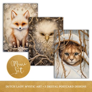 Mini ensemble de cartes postales animaux des neiges - modèles de cartes d'hiver numériques imprimables - couguar - renard - pygargue à tête blanche - 3 fichiers JPEG - téléchargement immédiat