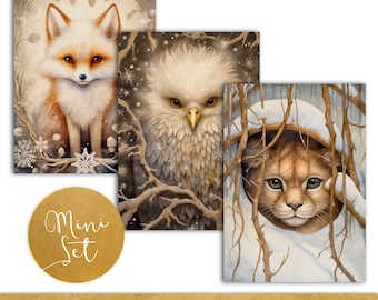 Sneeuwdieren Ansichtkaart Mini Set - Afdrukbare digitale winterkaartontwerpen - Mountain Lion - Fox - Bald Eagle - 3 JPEG-bestanden - INSTANT DOWNLOAD